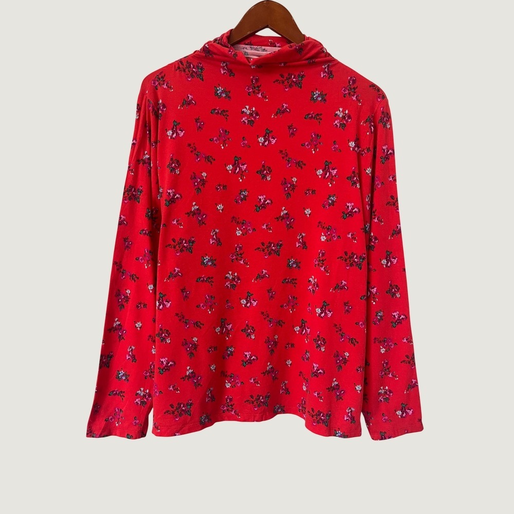 Candace Cameron Red Floral Turtleneck Long Sleeve Top XL Cotton blend casual